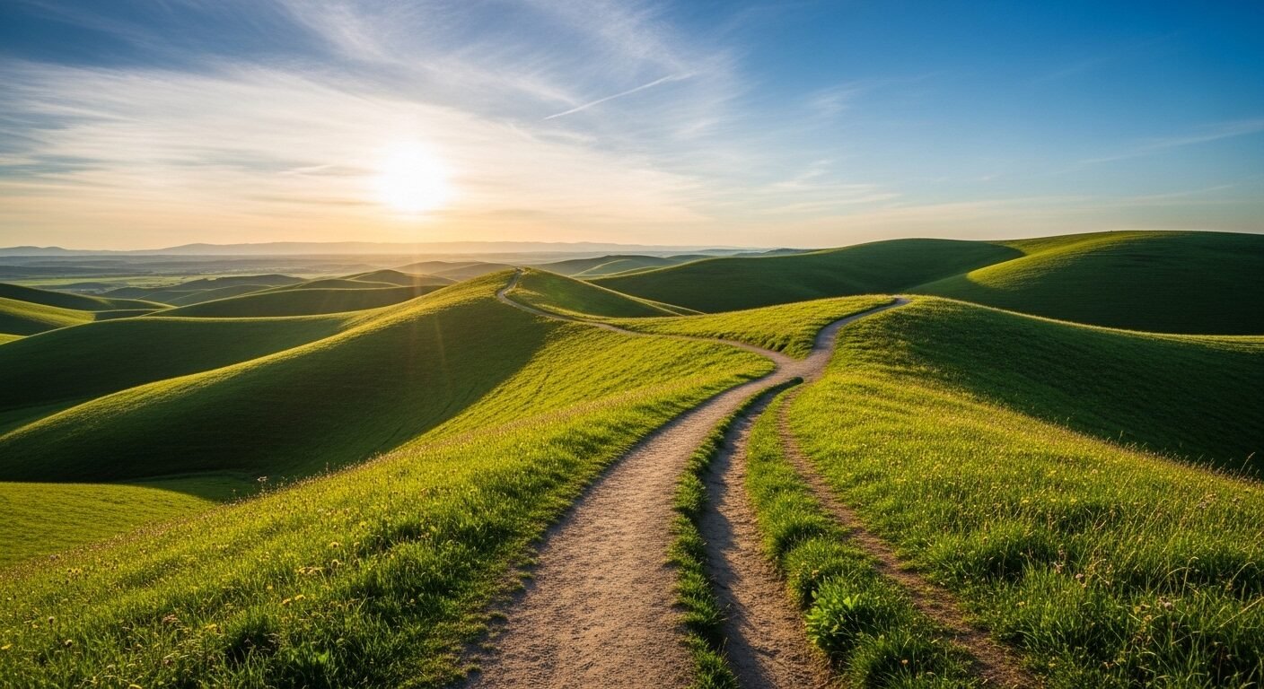 Con đường xanh mướt uốn lượn dẫn đến chân trời tươi sáng, tượng trưng cho vô vàn cơ hội và hướng đi mới mặc dù nhà tuyển dụng không thông báo kết quả phỏng vấn.