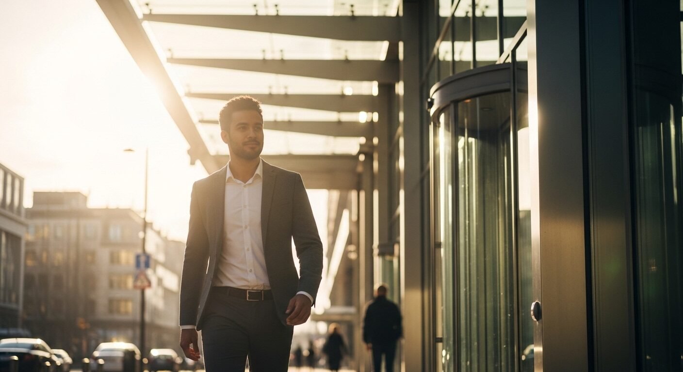 Chuyên gia trẻ tự tin bước ra từ tòa nhà văn phòng hiện đại dưới ánh nắng, minh chứng cho việc thành công dù phải trả lời phỏng vấn khi chưa có kinh nghiệm.