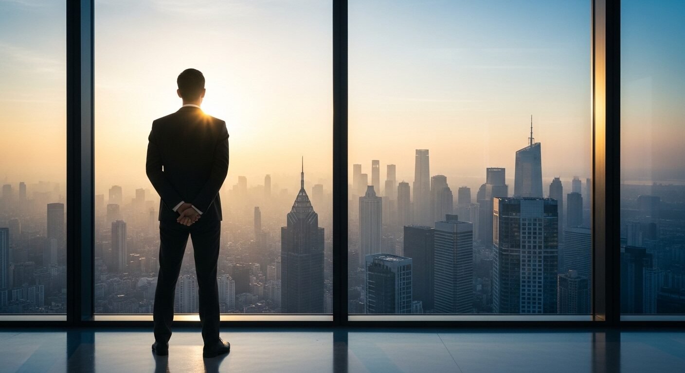 Một khởi đầu mới đầy hy vọng. Người trẻ mặc đồ công sở đứng ngắm bình minh thành phố, thể hiện quyết tâm khi xin việc khi chưa có kinh nghiệm.