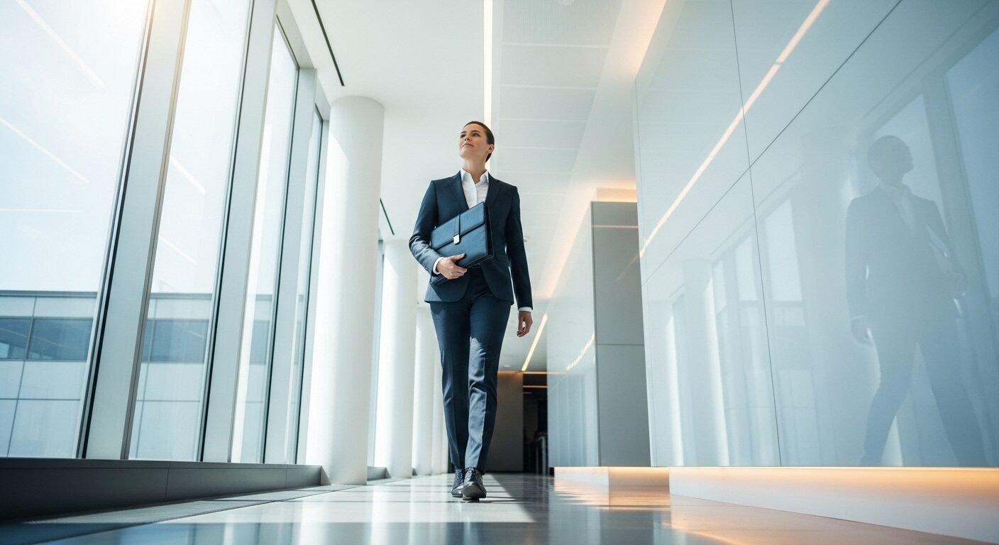 Ứng viên chuyên nghiệp tự tin, trang phục chỉnh tề, mang theo portfolio, bước vào hành lang văn phòng hiện đại sẵn sàng cho buổi phỏng vấn xin việc bằng tiếng Anh. Ứng viên chuyên nghiệp tự tin, trang phục chỉnh tề, mang theo portfolio, bước vào hành lang văn phòng hiện đại sẵn sàng cho buổi phỏng vấn xin việc bằng tiếng Anh.