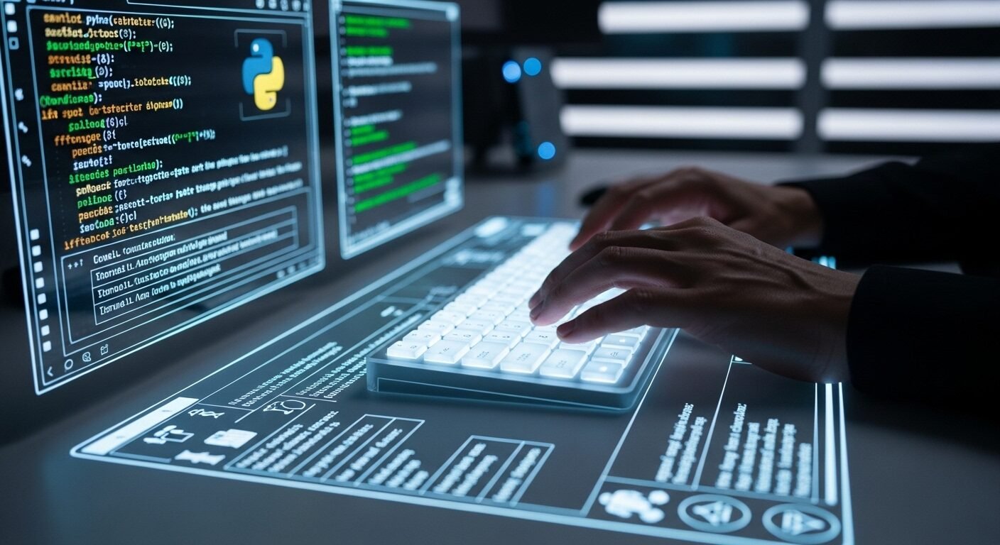 Cận cảnh tay gõ phím trên bàn phím trong suốt, tương tác với giao diện AI phát sáng chiếu trên mặt bàn. Hình ảnh minh họa sự cộng tác người-AI tiên tiến, phản ánh cách công nghệ đang định hình lại các ngành nghề bị ảnh hưởng bởi AI. Cận cảnh tay gõ phím trên bàn phím trong suốt, tương tác với giao diện AI phát sáng chiếu trên mặt bàn. Hình ảnh minh họa sự cộng tác người-AI tiên tiến, phản ánh cách công nghệ đang định hình lại các ngành nghề bị ảnh hưởng bởi AI.