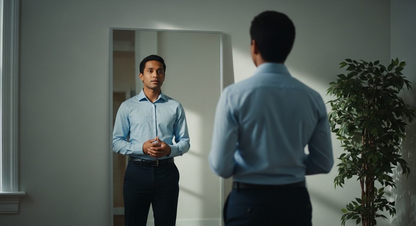 Một người đang luyện tập cách trả lời phỏng vấn giới thiệu bản thân trước gương, quan sát cử chỉ và biểu cảm với trang phục công sở gọn gàng. Một người đang luyện tập cách trả lời phỏng vấn giới thiệu bản thân trước gương, quan sát cử chỉ và biểu cảm với trang phục công sở gọn gàng.