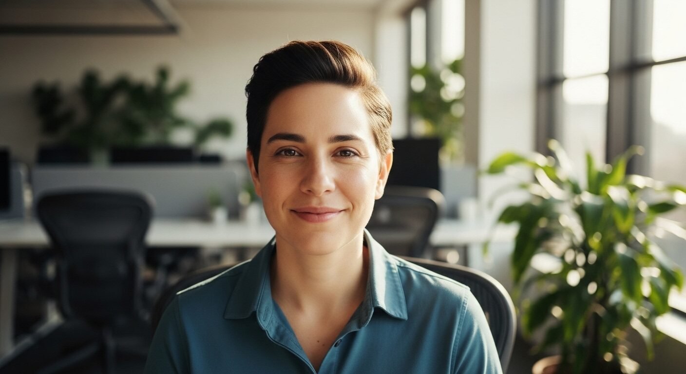 Người chuyên nghiệp tự tin, mỉm cười và giao tiếp bằng mắt trong văn phòng, minh họa cách trả lời phỏng vấn hiệu quả. Người chuyên nghiệp tự tin, mỉm cười và giao tiếp bằng mắt trong văn phòng, minh họa cách trả lời phỏng vấn hiệu quả.