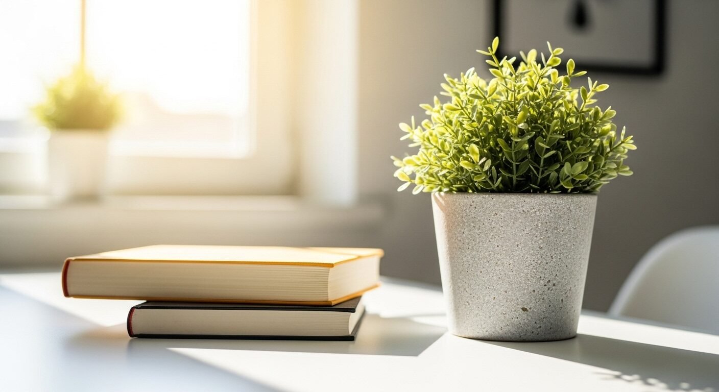 Chồng sách giáo dục đa dạng trên bàn làm việc hiện đại, bên cạnh chậu cây xanh tươi. Nguồn tài liệu quý giá để trau dồi kỹ năng tìm việc làm.