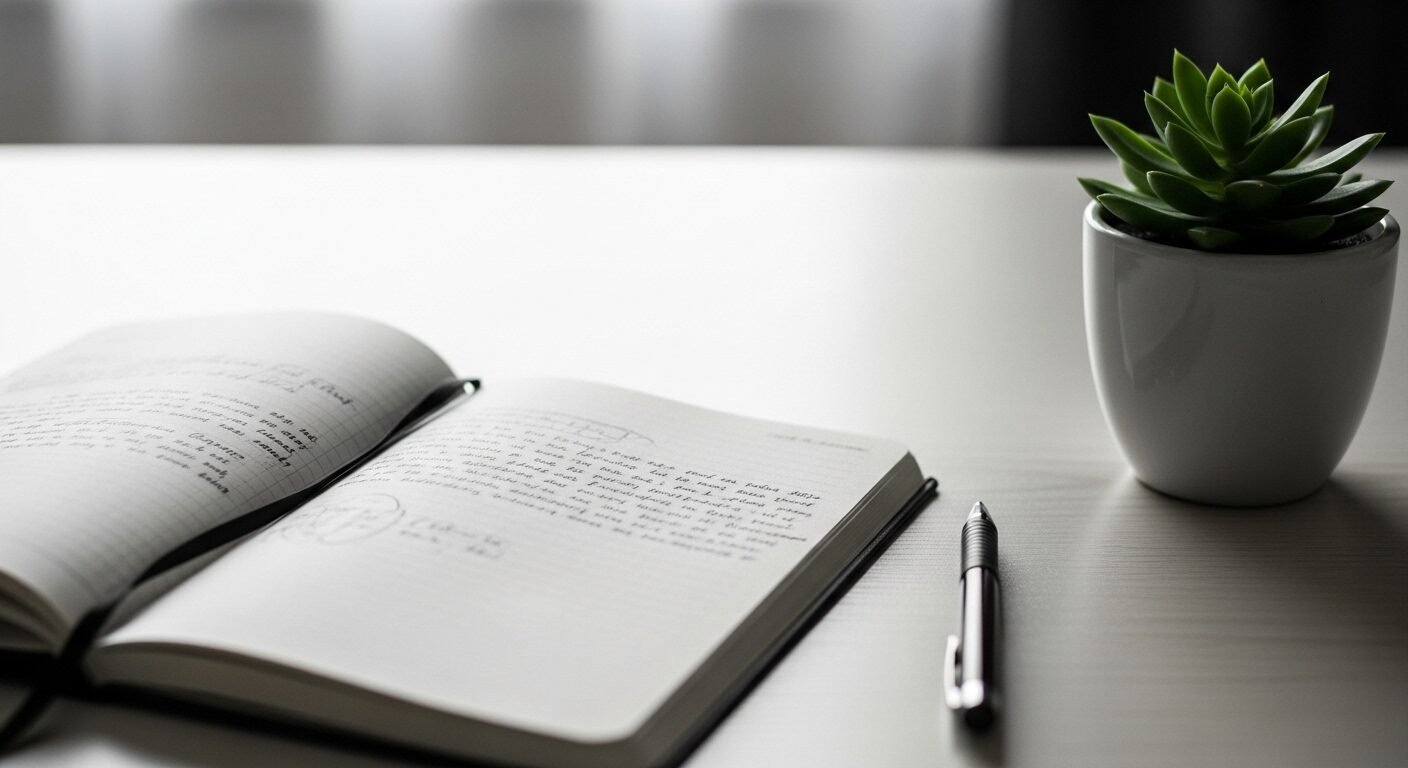 Cuốn nhật ký mở và bút trên bàn gỗ sáng, cạnh cây mọng nước xanh. Không gian yên bình lý tưởng để nuôi dưỡng tư duy phát triển và sự sáng tạo.