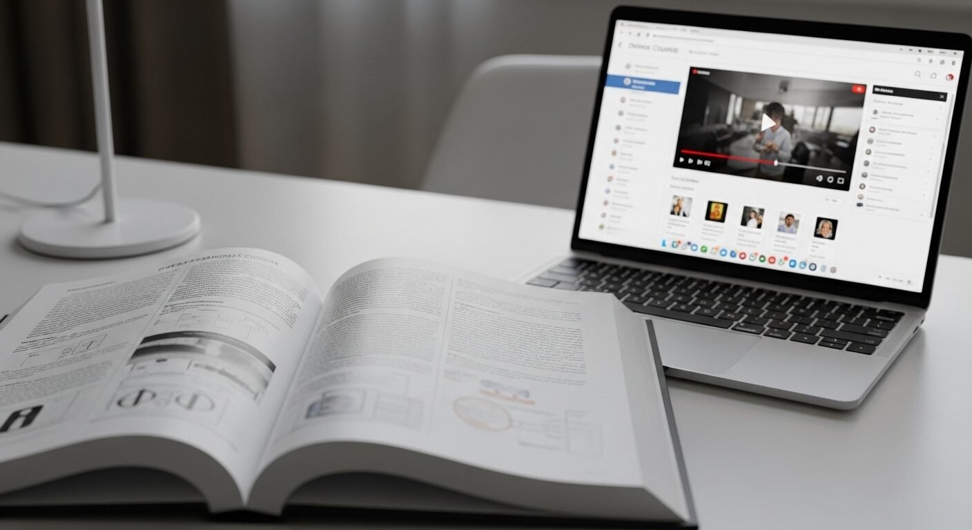 Hình ảnh sách giáo trình chuyên nghiệp mở và laptop hiển thị khóa học trực tuyến trên bàn làm việc gọn gàng, tập trung vào việc trau dồi kỹ năng trong CV.