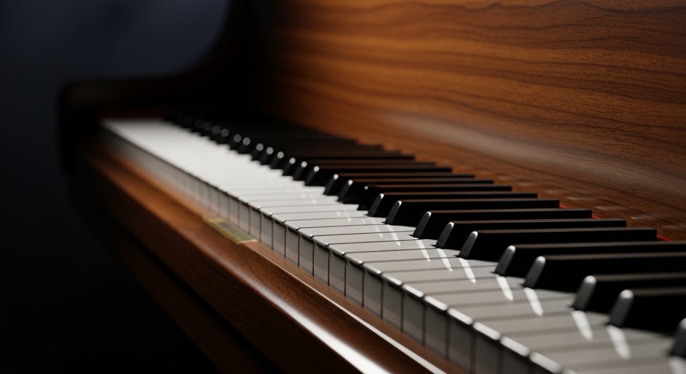 Cận cảnh đàn đại dương cầm phím đen trắng bóng loáng dưới ánh đèn rọi, tạo không khí hoài niệm như một cảnh trong phim truyền cảm hứng.