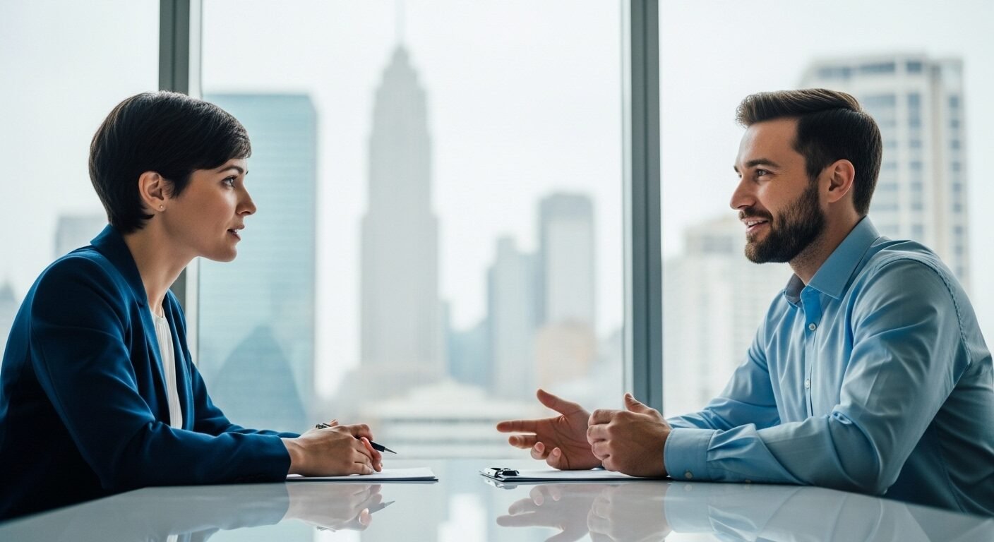 Nhà tuyển dụng và ứng viên phỏng vấn chuyên nghiệp, trao đổi tích cực trong văn phòng, thể hiện sự chuẩn bị kỹ lưỡng cho mọi tình huống, bao gồm cả cách xử lý khi bí câu hỏi phỏng vấn.