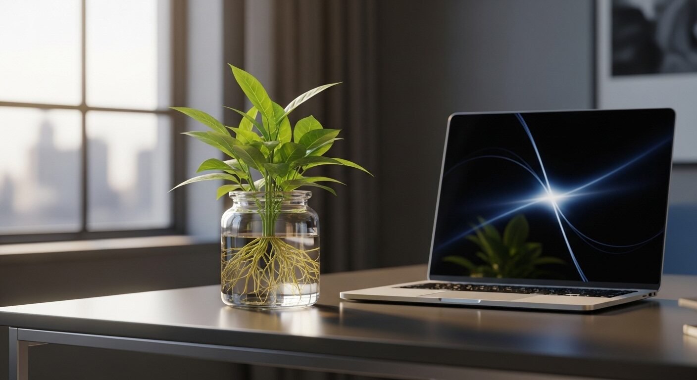 Cây xanh tươi cạnh laptop trên bàn hiện đại, tượng trưng cho sự hài hòa giữa tự nhiên và công nghệ trong kỷ nguyên trí tuệ nhân tạo thay thế con người.