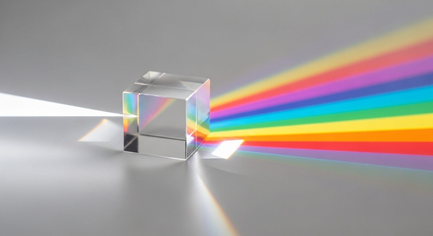 Lăng kính pha lê trong suốt khúc xạ ánh sáng tạo cầu vồng rực rỡ trên nền trắng, biểu tượng cho tư duy phản biện và cái nhìn khách quan.
