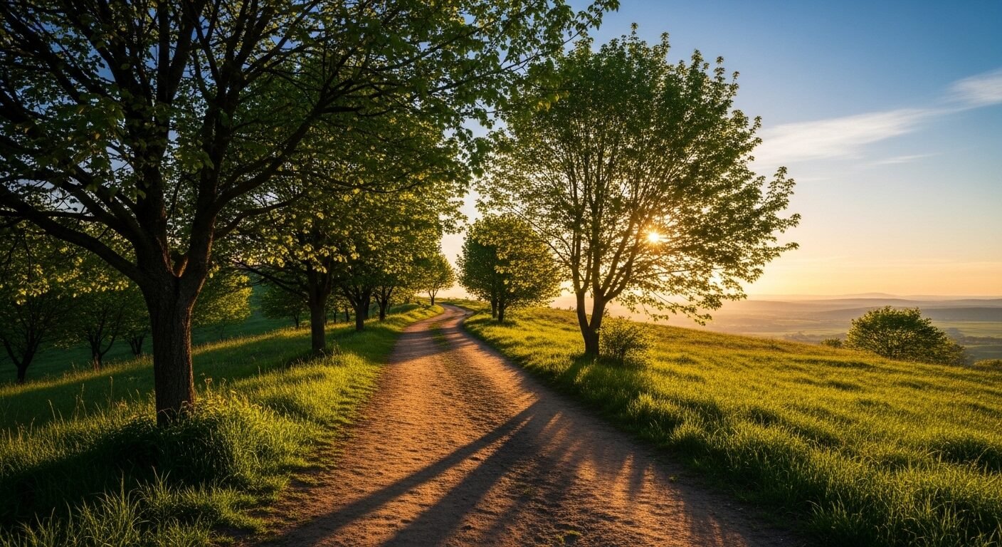 Đường mòn uốn lượn lên đồi ngập nắng, hướng về chân trời sáng rạng rỡ, cây xanh và bầu trời trong xanh. Bức ảnh tượng trưng cho hành trình bình yên, gợi cảm hứng về những câu nói ý nghĩa về hạnh phúc.
