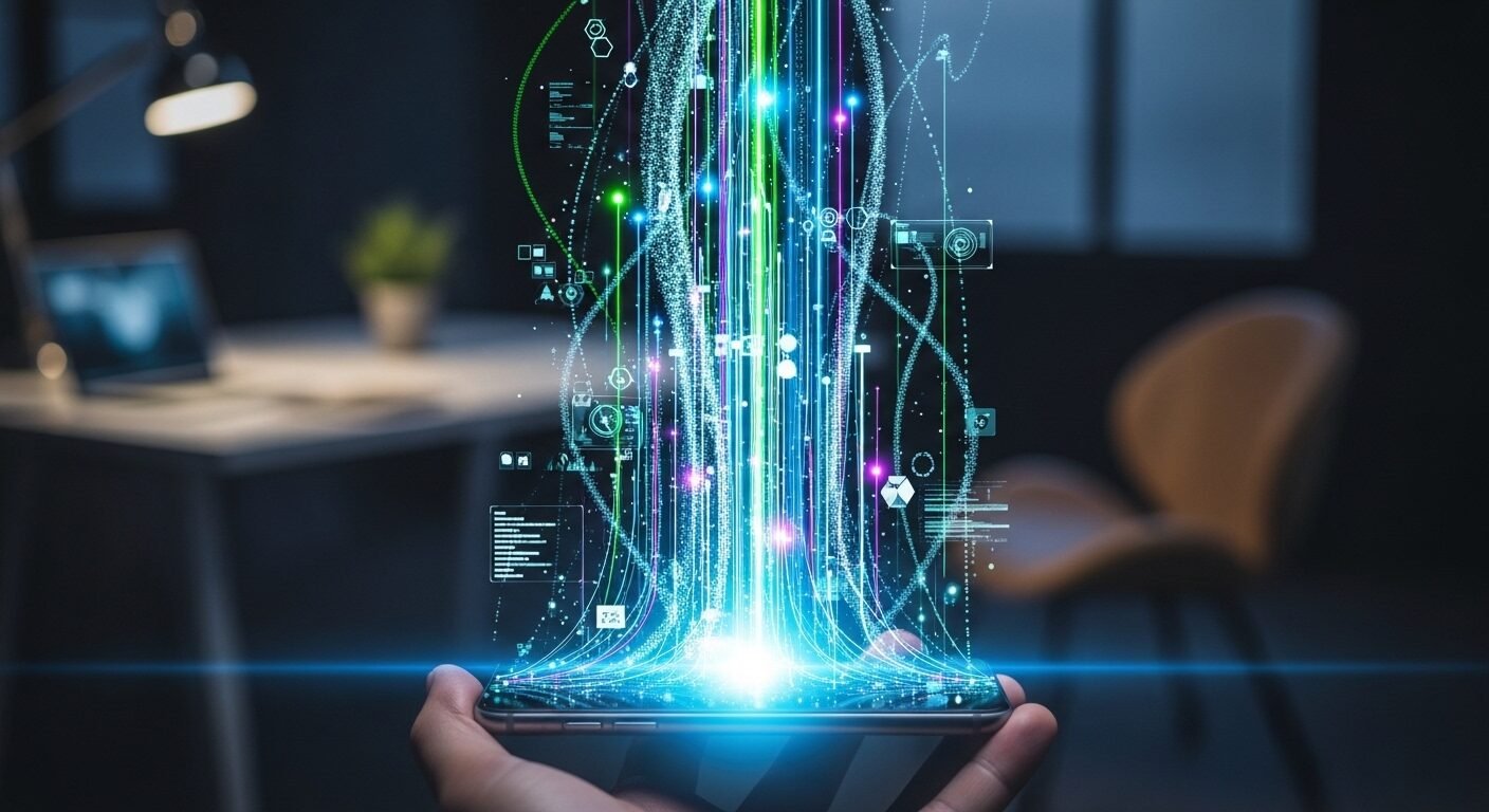 Điện thoại thông minh phát ra luồng ánh sáng kỹ thuật số năng động, tượng trưng cho đổi mới và cơ hội. Minh họa Năng lực số là gì trong bối cảnh phát triển tương lai.