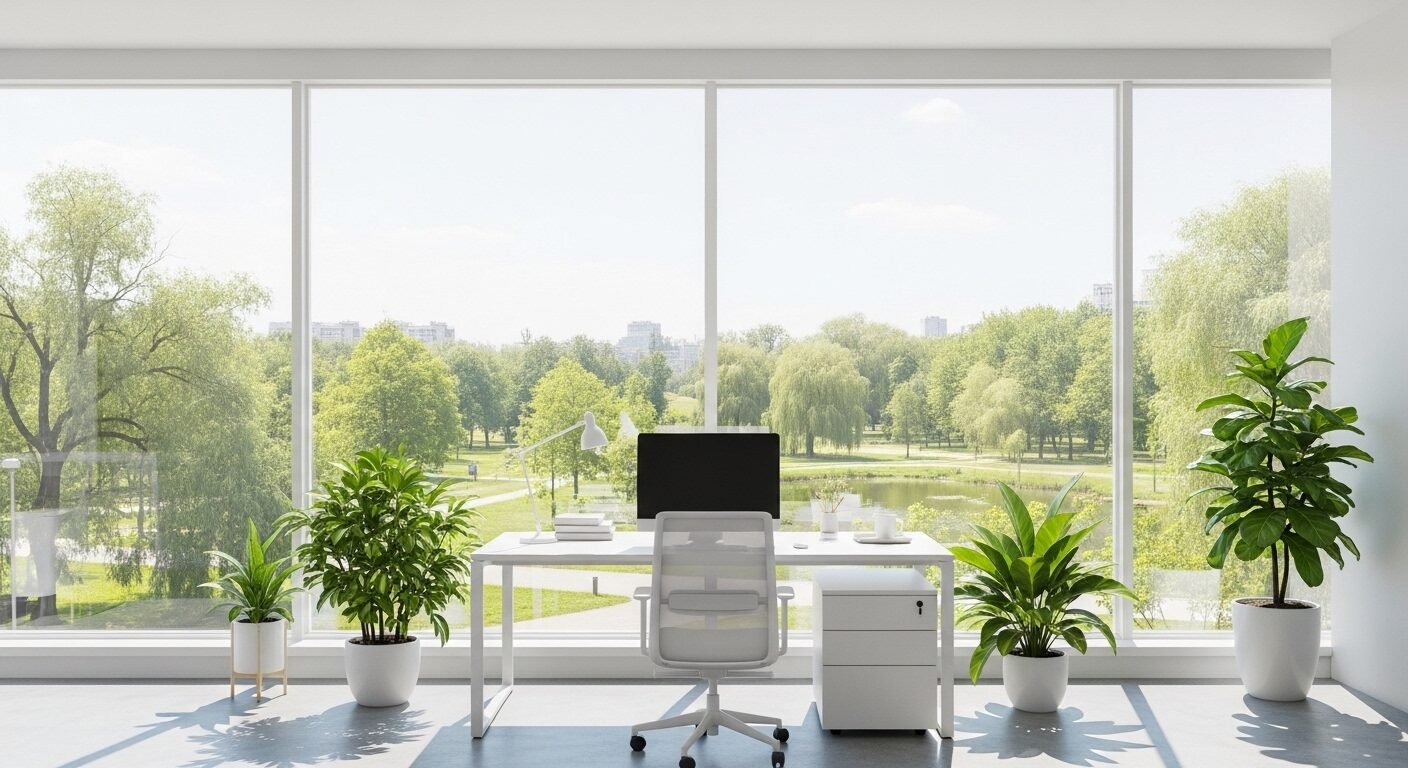 Văn phòng tối giản, tràn ngập ánh sáng tự nhiên và cây xanh, với bàn làm việc trắng, ghế công thái học, nhìn ra công viên. Một không gian lý tưởng minh họa rõ nhất Work-life balance là gì.