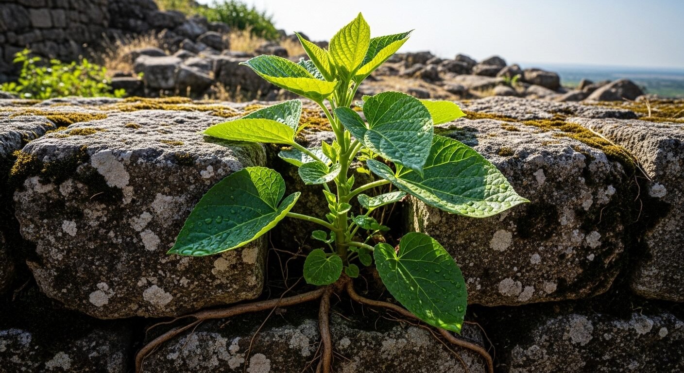 Cây xanh kiên cường vươn lên từ kẽ nứt tường đá cũ, lá tươi hướng ánh sáng, biểu tượng cho sức mạnh của kỹ năng mềm giúp vượt qua mọi thử thách. Cây xanh kiên cường vươn lên từ kẽ nứt tường đá cũ, lá tươi hướng ánh sáng, biểu tượng cho sức mạnh của kỹ năng mềm giúp vượt qua mọi thử thách.