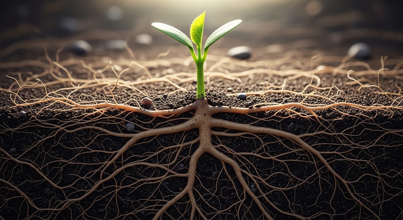 Mạng lưới rễ cây đan xen chặt chẽ tạo nền tảng vững chắc, minh họa kỹ năng làm việc nhóm giúp chồi non vươn mình phát triển mạnh mẽ.