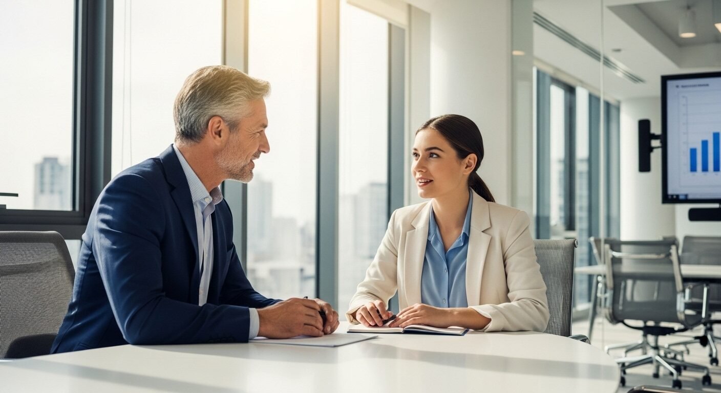 Chuyên gia cố vấn (mentor) trò chuyện với nhân viên Gen Z trong phòng họp hiện đại, ánh sáng tự nhiên. Hình ảnh thể hiện sự hợp tác liên thế hệ, giúp doanh nghiệp hiểu rõ Gen Z là gì qua góc nhìn thực tế. Chuyên gia cố vấn (mentor) trò chuyện với nhân viên Gen Z trong phòng họp hiện đại, ánh sáng tự nhiên. Hình ảnh thể hiện sự hợp tác liên thế hệ, giúp doanh nghiệp hiểu rõ Gen Z là gì qua góc nhìn thực tế.