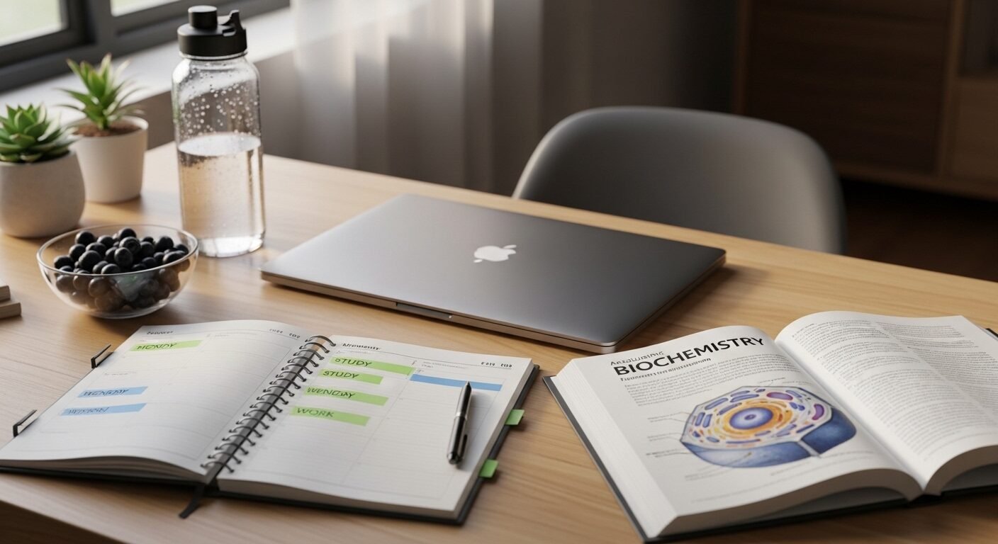 Bàn học ngăn nắp của sinh viên với sách giáo trình, laptop, và sổ kế hoạch, thể hiện sự cân bằng giữa học tập và việc làm part time cho sinh viên sử dụng tiếng Anh.