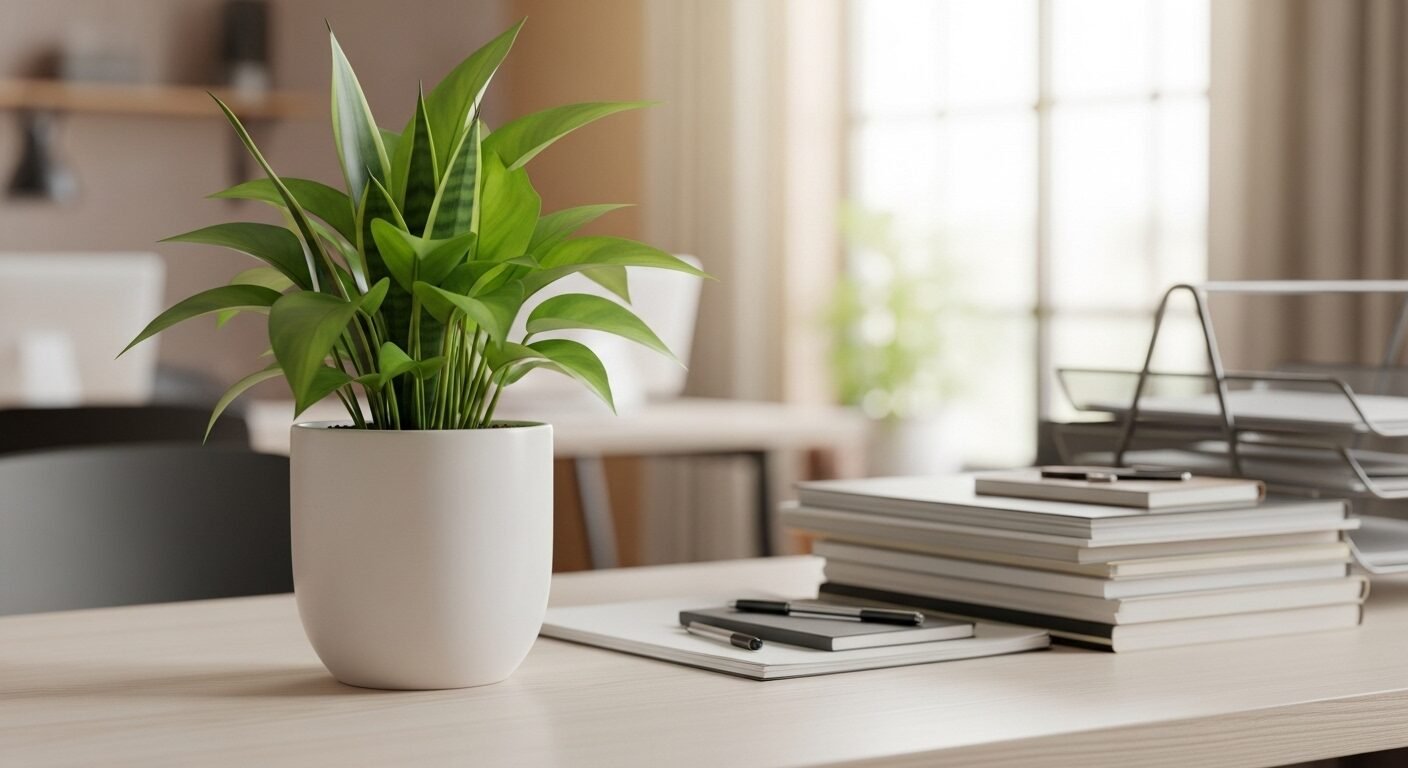 Cây xanh tươi tốt trên bàn làm việc gọn gàng trong văn phòng ấm cúng, hình ảnh tượng trưng cho ngân hàng có môi trường làm việc tốt nhất, nơi nhân viên phát triển và hạnh phúc.