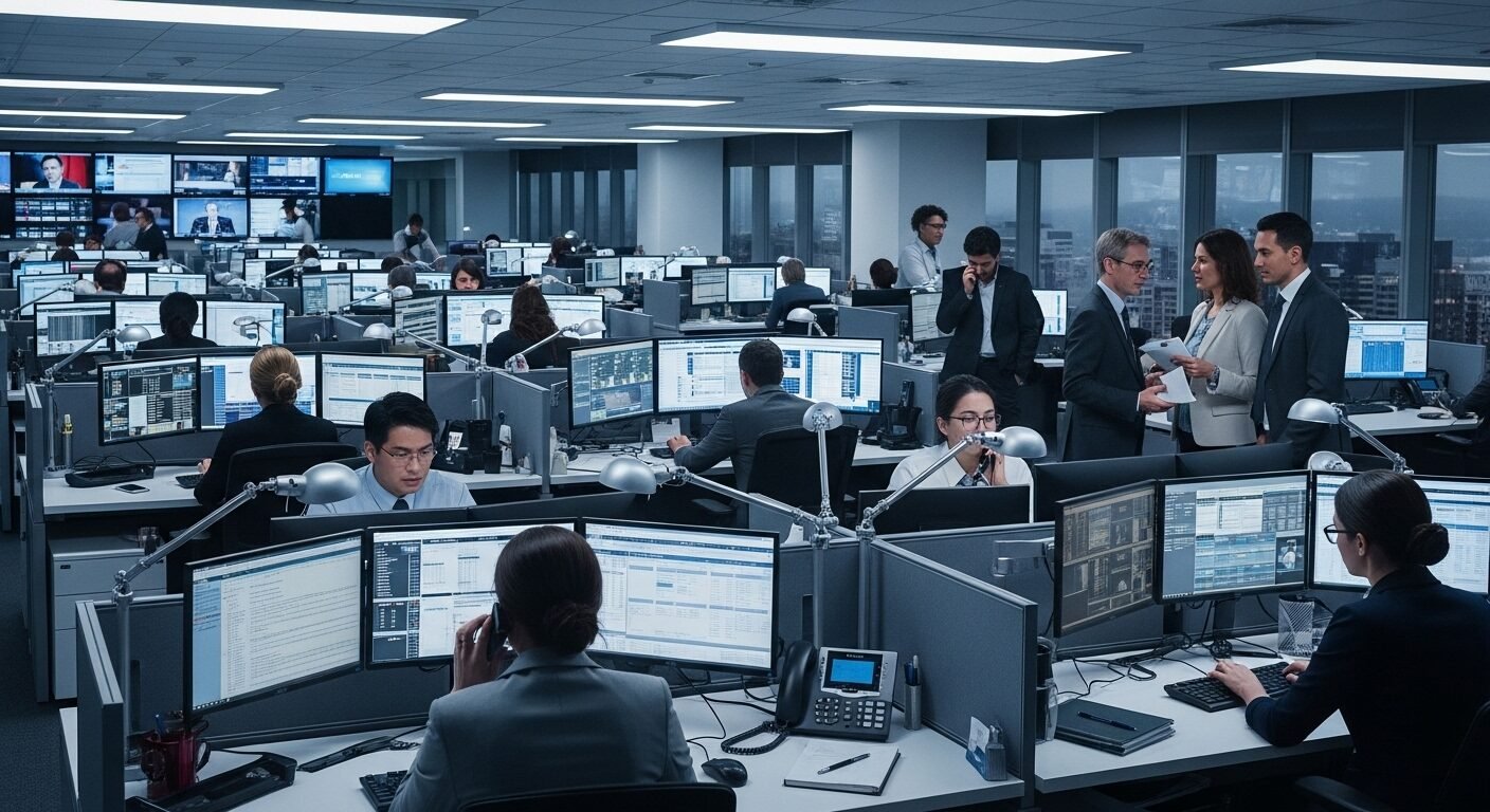 Phòng tin tức hiện đại, nhộn nhịp với nhiều người làm việc tại máy tính và qua điện thoại, thể hiện môi trường chuyên nghiệp, cộng tác của các phóng viên và cộng tác viên báo chí.