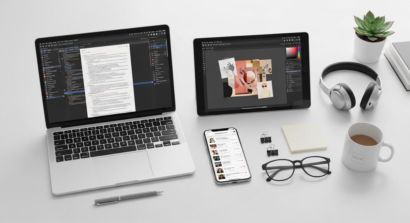 laptop, tablet, smartphone hiển thị các công việc online như viết lách, thiết kế, quản lý mạng xã hội. Thể hiện các công việc làm thêm tại nhà không mất phí cho sinh viên hiệu quả.