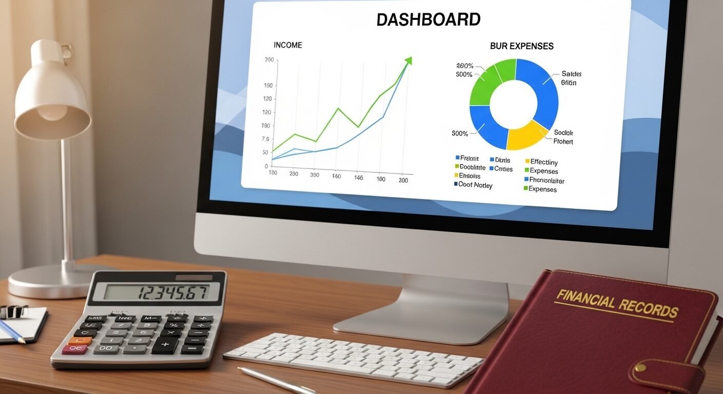 Màn hình máy tính hiển thị bảng điều khiển tài chính với biểu đồ tăng trưởng thu nhập và chi phí được sắp xếp. Máy tính và sổ cái trên bàn, minh họa quản lý tài chính cẩn thận – một yếu tố then chốt để hiểu Freelancer là gì. Màn hình máy tính hiển thị bảng điều khiển tài chính với biểu đồ tăng trưởng thu nhập và chi phí được sắp xếp. Máy tính và sổ cái trên bàn, minh họa quản lý tài chính cẩn thận – một yếu tố then chốt để hiểu Freelancer là gì.