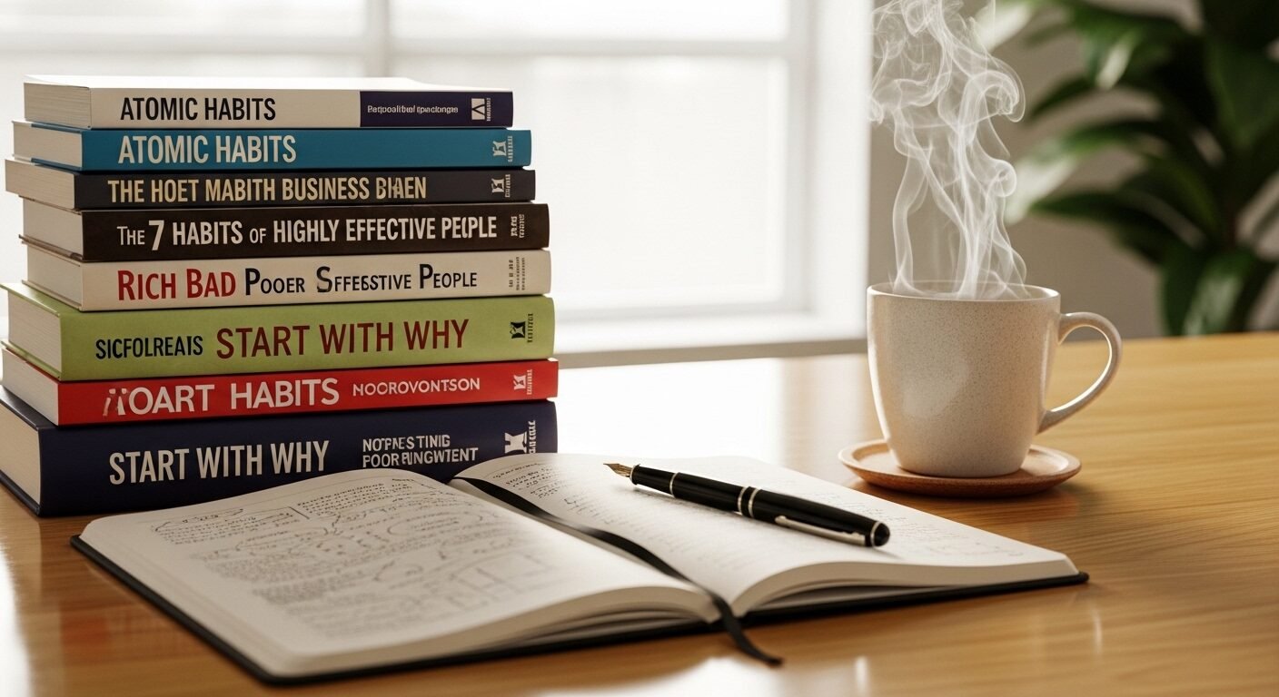 Sách phát triển bản thân và sổ ghi chép trên bàn làm việc, minh họa quá trình học hỏi để trang bị kiến thức, đặc biệt là về cách trả lời phỏng vấn khi chưa có kinh nghiệm, thể hiện sự chuẩn bị kỹ lưỡng. Sách phát triển bản thân và sổ ghi chép trên bàn làm việc, minh họa quá trình học hỏi để trang bị kiến thức, đặc biệt là về cách trả lời phỏng vấn khi chưa có kinh nghiệm, thể hiện sự chuẩn bị kỹ lưỡng.