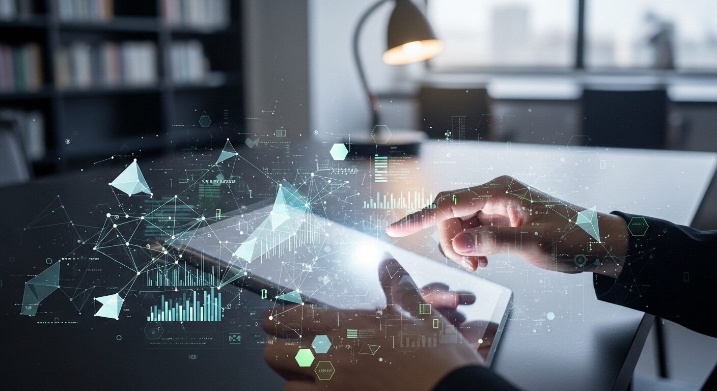 Đôi tay tương tác máy tính bảng với dữ liệu và mô hình phân tích, biểu tượng cho tư duy giải quyết vấn đề trong chuyên ngành kinh tế tại thư viện hiện đại.