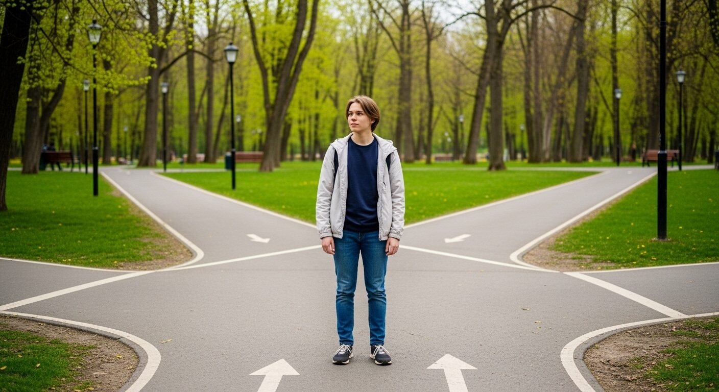 Hình ảnh một người trẻ tuổi đứng tại ngã tư đường lát đá trong công viên rực rỡ dưới nắng ban mai, tượng trưng cho vô vàn cơ hội và quyết định quan trọng về tương lai, bao gồm cả việc xây dựng hồ sơ xin việc dưới 18 tuổi.