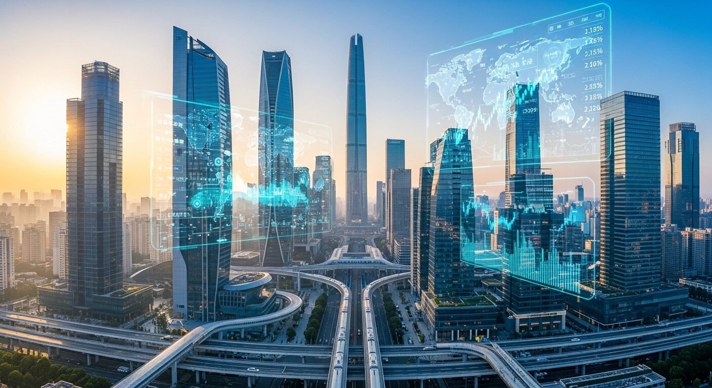 Toàn cảnh khu tài chính tương lai sầm uất rạng sáng, với nhà chọc trời hiện đại và màn hình dữ liệu thị trường toàn cầu. Một môi trường năng động, lý tưởng cho sự nghiệp và mức lương trung bình ngành quản trị kinh doanh. Toàn cảnh khu tài chính tương lai sầm uất rạng sáng, với nhà chọc trời hiện đại và màn hình dữ liệu thị trường toàn cầu. Một môi trường năng động, lý tưởng cho sự nghiệp và mức lương trung bình ngành quản trị kinh doanh.