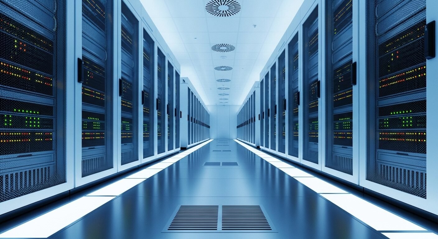 Hành lang trung tâm dữ liệu hiện đại với hàng tủ máy chủ sáng đèn, minh họa hạ tầng thiết yếu thúc đẩy nhu cầu nhân lực ngành công nghệ thông tin.