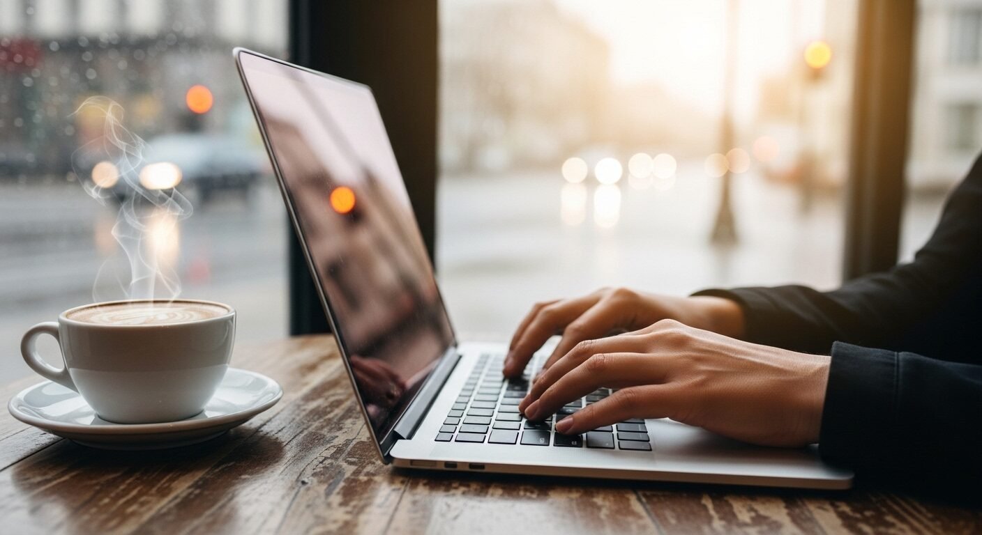 Đôi tay gõ phím laptop trong quán cà phê sáng sủa, thể hiện môi trường làm việc linh hoạt, thích hợp cho việc tìm hiểu về Mức lương nhân viên Marketing mới ra trường và các cơ hội nghề nghiệp.