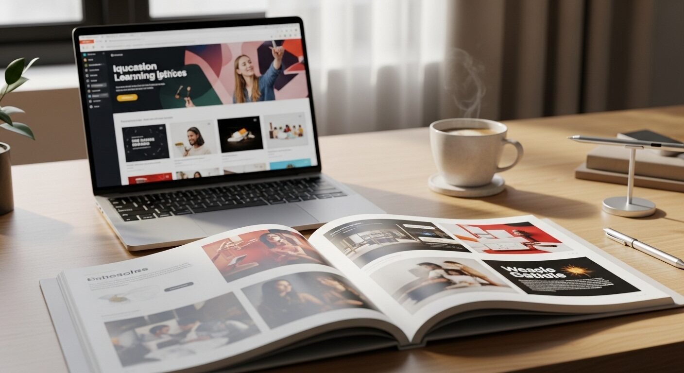 Bàn làm việc chuyên nghiệp với portfolio thiết kế mở và laptop hiển thị nội dung học tập, tìm hiểu về Multimedia là gì, cùng cà phê và bút cảm ứng dưới ánh sáng tự nhiên, tượng trưng cho sự nghiệp và học hỏi liên tục.