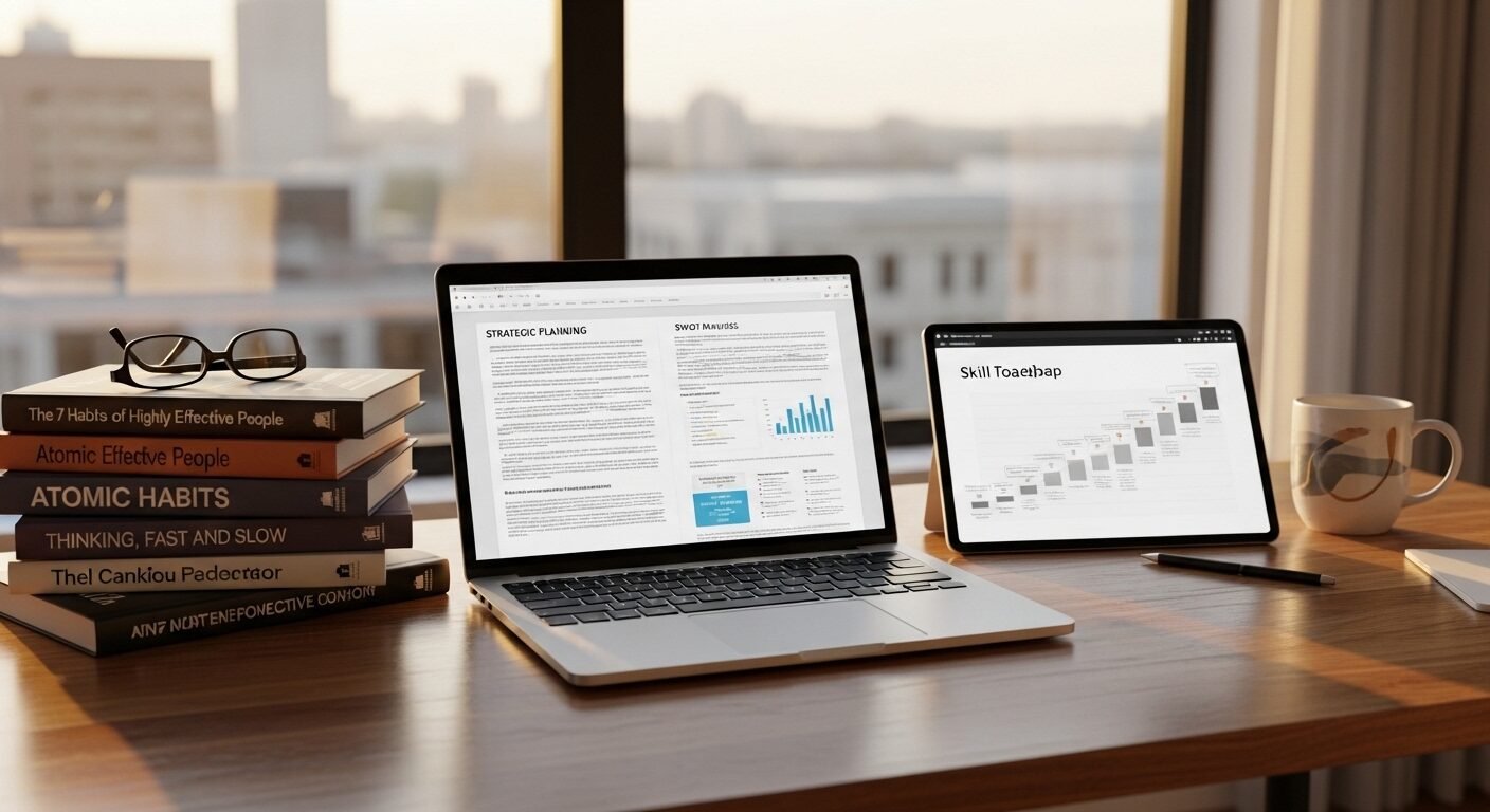 Bàn làm việc chuyên nghiệp với sách, laptop và tablet lộ trình kỹ năng, minh họa hành trình học hỏi không ngừng để phát triển sự nghiệp và đạt được các ngành nghề lương cao.