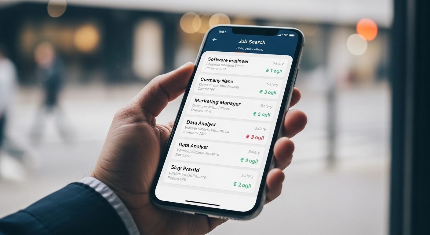 Tay cầm smartphone hiển thị ứng dụng tìm việc với các tin tuyển dụng đa dạng, nổi bật là công việc thời vụ, trong bối cảnh đô thị năng động.