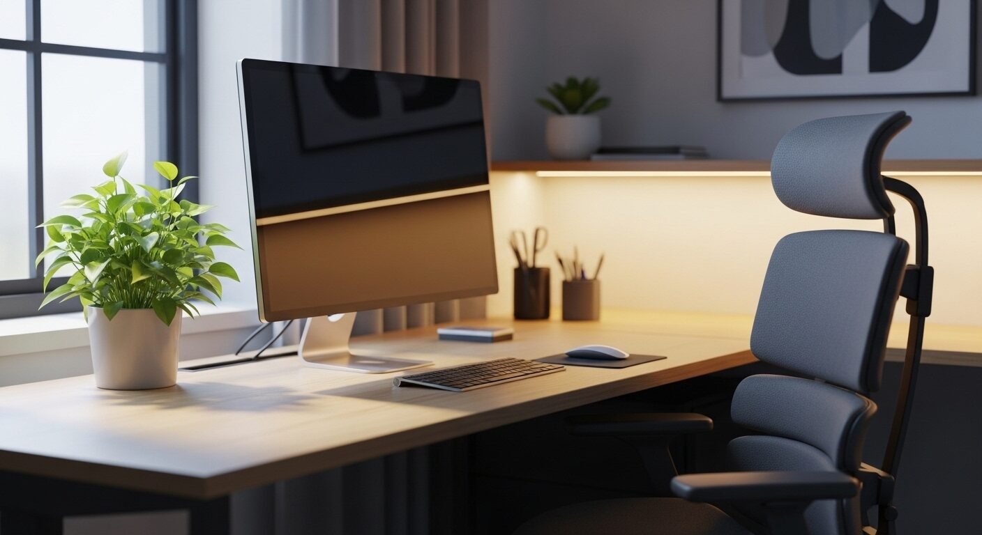 Không gian làm việc hiện đại, chuyên nghiệp với bàn sạch, ghế công thái học và cây xanh. Lý tưởng cho vị trí có mô tả công việc kế toán tổng hợp. Không gian làm việc hiện đại, chuyên nghiệp với bàn sạch, ghế công thái học và cây xanh. Lý tưởng cho vị trí có mô tả công việc kế toán tổng hợp.