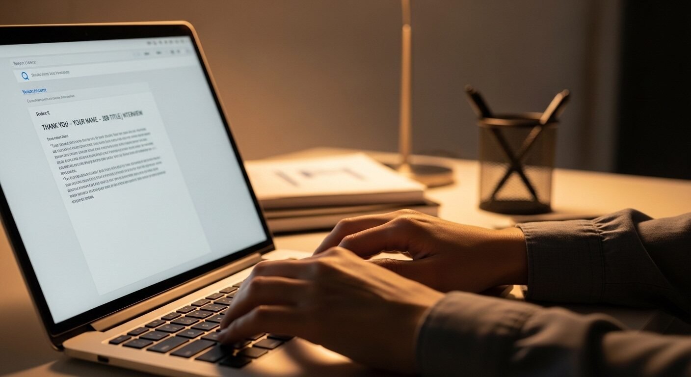 Đôi tay đang gõ email cảm ơn chuyên nghiệp trên laptop tại bàn làm việc gọn gàng, thể hiện sự chuyên nghiệp và chu đáo sau phỏng vấn – một yếu tố then chốt bên cạnh việc tìm hiểu cách trả lời phỏng vấn khi chưa có kinh nghiệm hiệu quả.