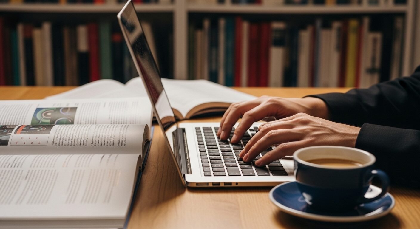 Cận cảnh bàn tay giảng viên đại học chuyên nghiệp gõ laptop giữa tài liệu học thuật, gợi mở về môi trường làm việc và các yếu tố như lương giảng viên đại học. Cận cảnh bàn tay giảng viên đại học chuyên nghiệp gõ laptop giữa tài liệu học thuật, gợi mở về môi trường làm việc và các yếu tố như lương giảng viên đại học.