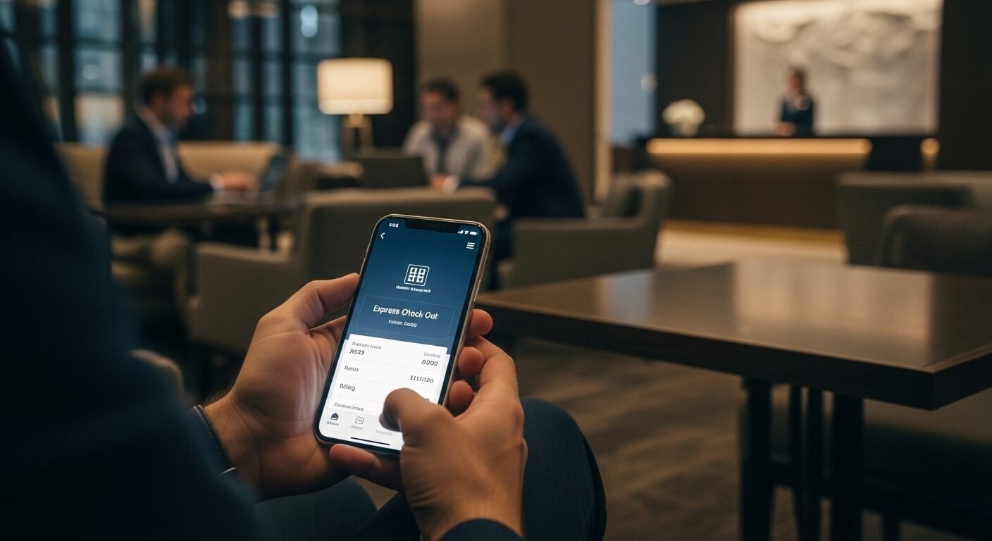 Tay đang giữ smartphone hiển thị ứng dụng khách sạn với màn hình 'Express Check-Out'. Hình ảnh minh họa cách làm thủ tục check-out tiện lợi, giúp người dùng dễ dàng nắm bắt check out là gì trong ngành khách sạn hiện đại.