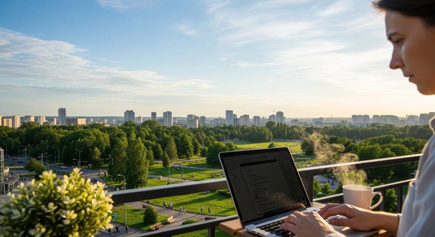 Cảnh một người làm việc trên laptop tại ban công nhìn ra công viên thành phố vào buổi chiều, bên cạnh tách cà phê. Hình ảnh này minh họa sự linh hoạt và tự chủ trong công việc, điển hình cho những ai tìm hiểu cộng tác viên là gì. Cảnh một người làm việc trên laptop tại ban công nhìn ra công viên thành phố vào buổi chiều, bên cạnh tách cà phê. Hình ảnh này minh họa sự linh hoạt và tự chủ trong công việc, điển hình cho những ai tìm hiểu cộng tác viên là gì.