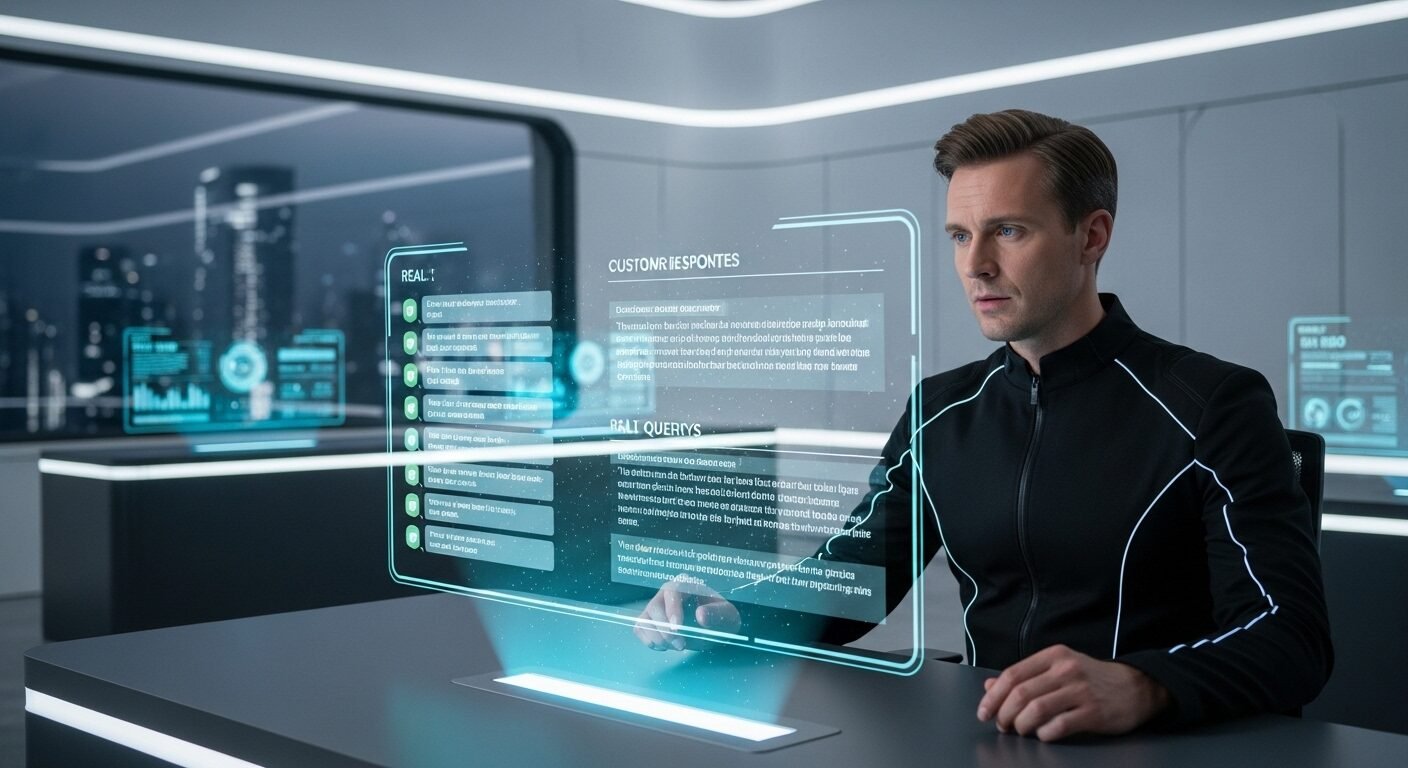 Chuyên viên dịch vụ khách hàng tương lai tập trung giám sát chatbot trên giao diện hologram, giúp người dùng hiểu rõ hơn Customer Service là gì trong thời đại công nghệ. Chuyên viên dịch vụ khách hàng tương lai tập trung giám sát chatbot trên giao diện hologram, giúp người dùng hiểu rõ hơn Customer Service là gì trong thời đại công nghệ.
