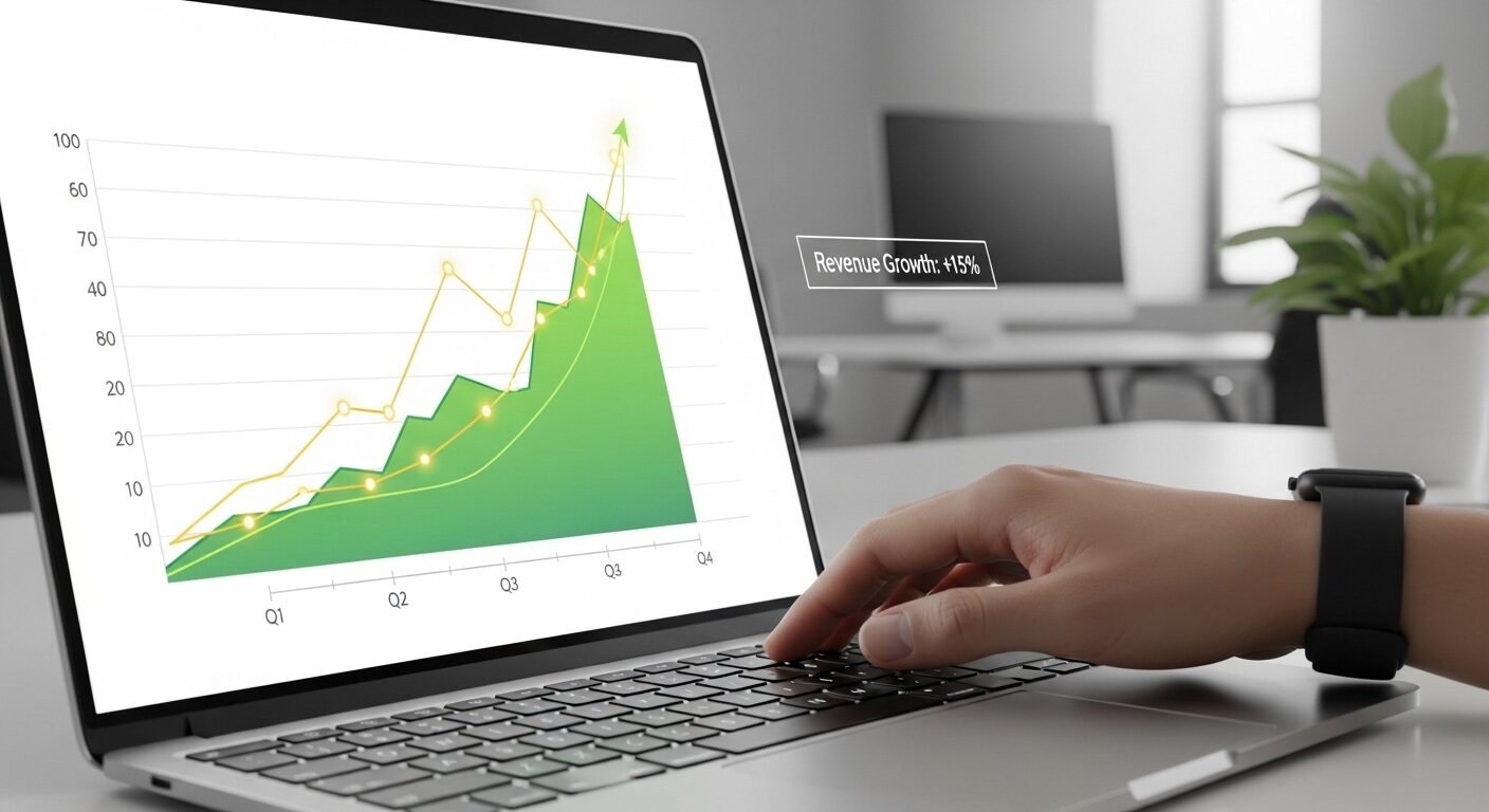 Màn hình laptop hiển thị biểu đồ tăng trưởng kinh doanh mạnh mẽ, một bàn tay đặt nhẹ trên bàn phím. Hình ảnh minh họa tiềm năng phát triển và hiệu quả công việc cho Cộng tác viên Kinh doanh trong môi trường làm việc hiện đại.