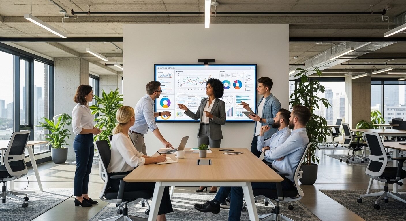 Đội ngũ chuyên nghiệp tại văn phòng hiện đại thảo luận mẫu tin tuyển dụng nhân viên bán hàng trên màn hình tương tác lớn.