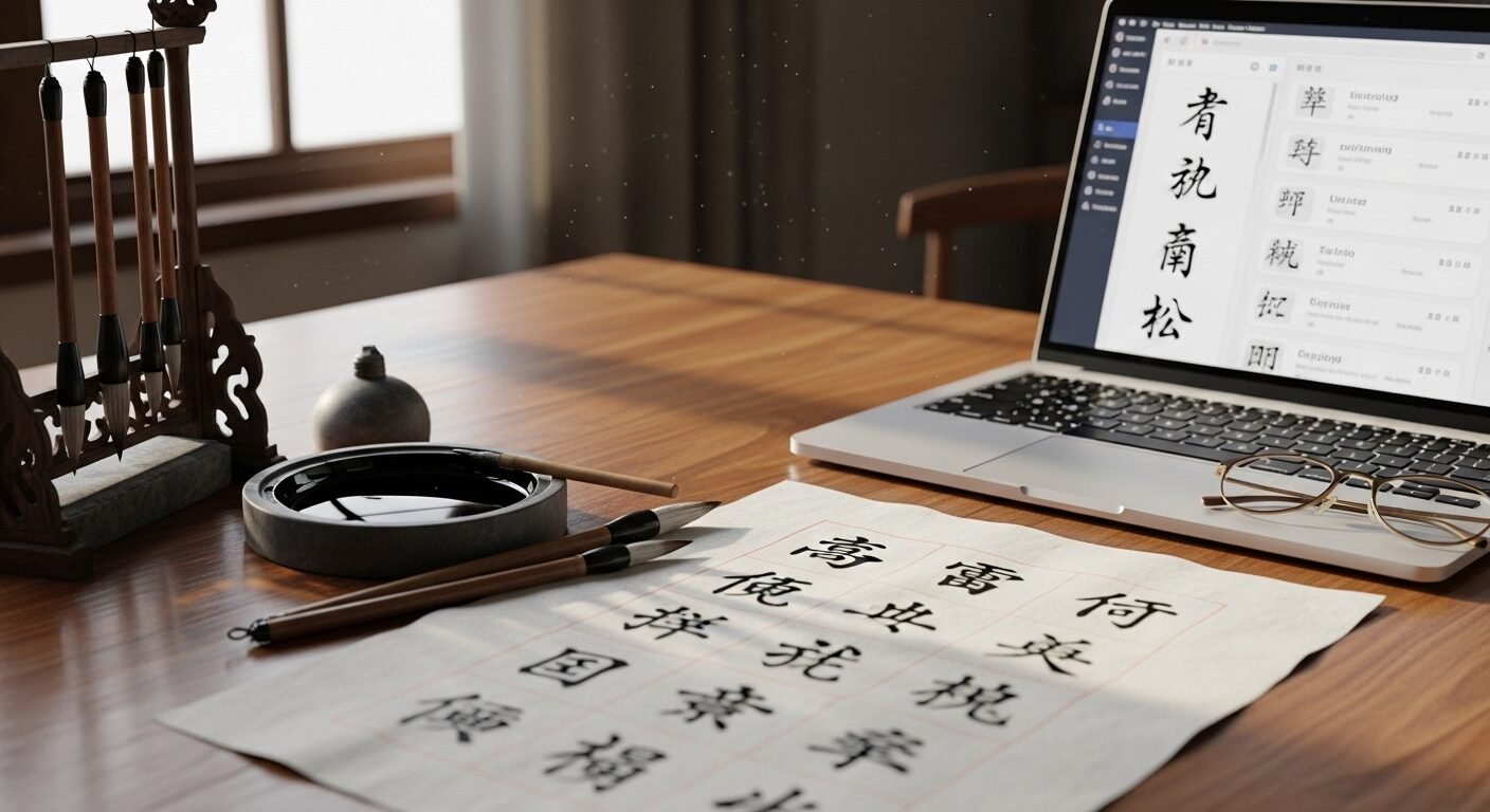 Bàn học với bút thư pháp, mực tàu, giấy chữ Hán và laptop mở ứng dụng học tiếng Trung, minh họa quá trình chuẩn bị các điều kiện du học Trung Quốc 2026.