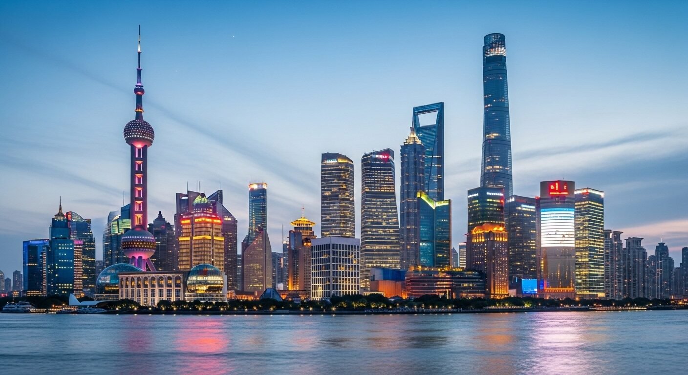 Thành phố Thượng Hải tráng lệ về đêm với những tòa nhà ch chọc trời hiện đại và dòng sông phản chiếu ánh đèn lung linh, nơi lý tưởng khám phá Điều kiện du học Trung Quốc 2026 tại các trung tâm giáo dục sôi động.