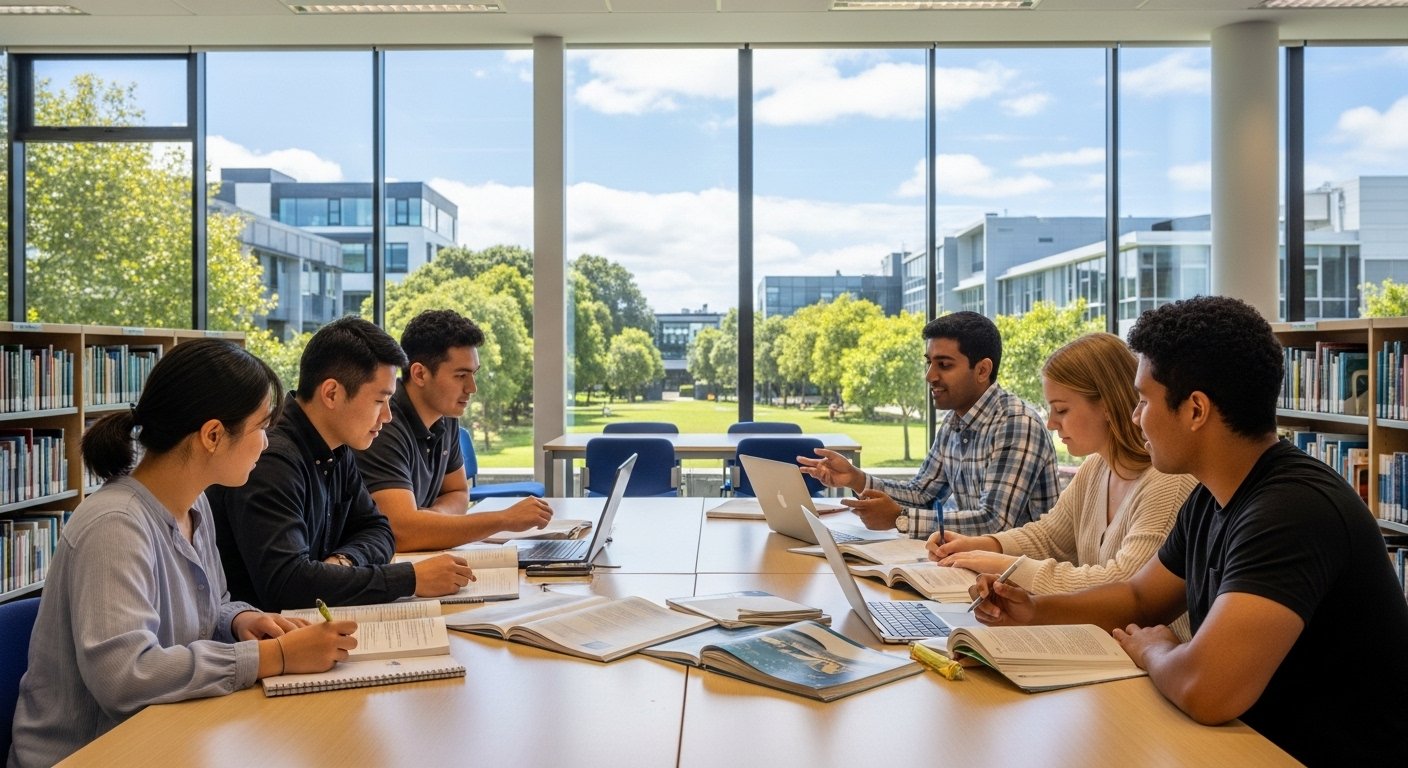 Một nhóm sinh viên đa dạng đang thảo luận dự án tại thư viện đại học hiện đại ở New Zealand, một bối cảnh lý tưởng cho trải nghiệm du học New Zealand.
