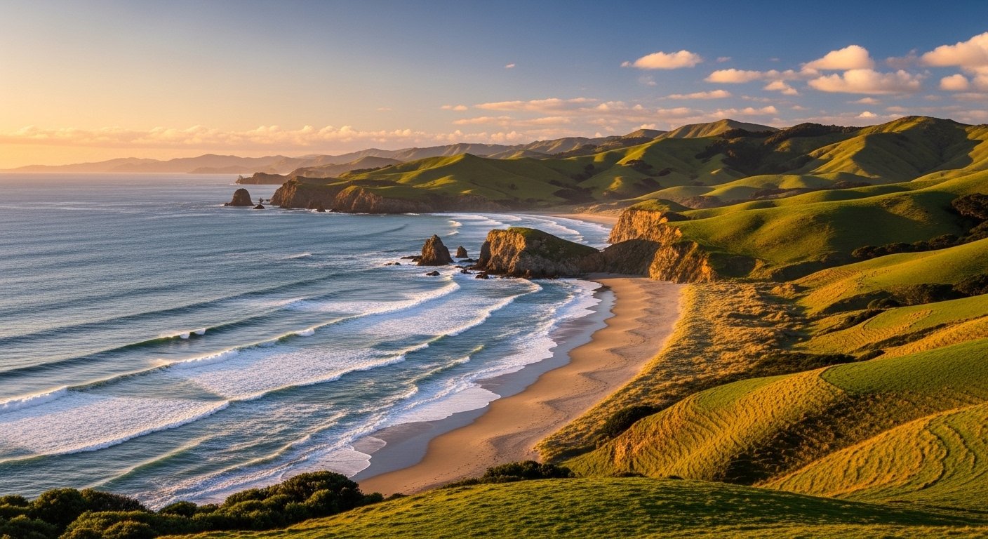 Bờ biển New Zealand hùng vĩ trong ánh hoàng hôn vàng rực, với đồi xanh, biển biếc và sóng vỗ nhẹ trên bãi cát, một khung cảnh lý tưởng cho du học New Zealand.